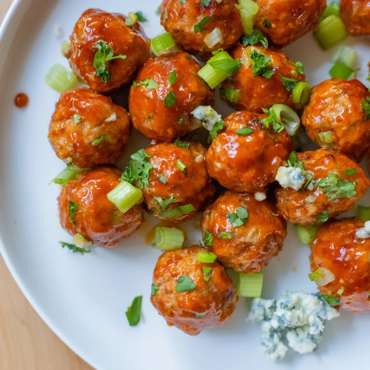 Golden-brown Touchdown Buffalo Chicken Meatballs glazed in vibrant red sauce, served on a platter with a side of creamy blue cheese dip and fresh parsley garnish.  