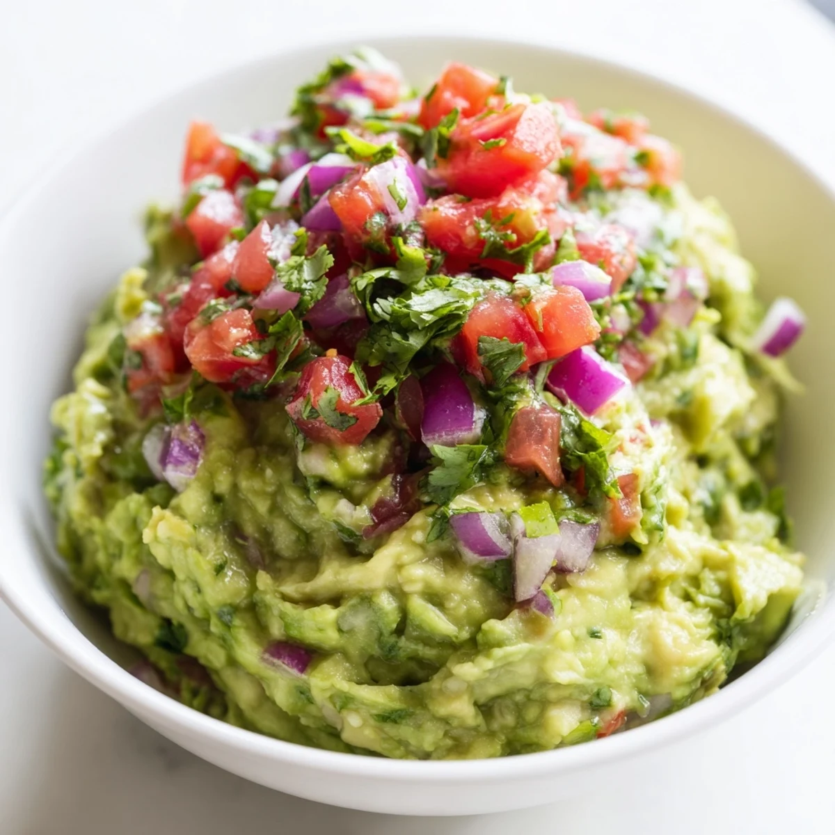 Creamy avocado guacamole topped with zesty tomato salsa and fresh cilantro, served with crispy tortilla chips for game day snacking.