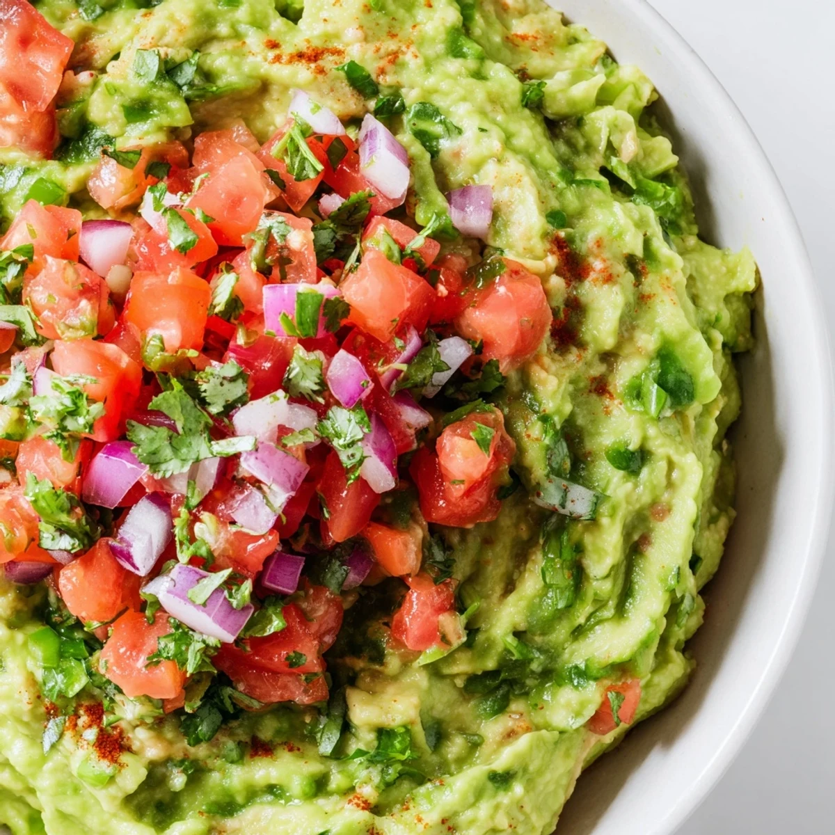 Bright, chunky guacamole layered with vibrant salsa, ready to be scooped up with crunchy tortilla chips during a football party.