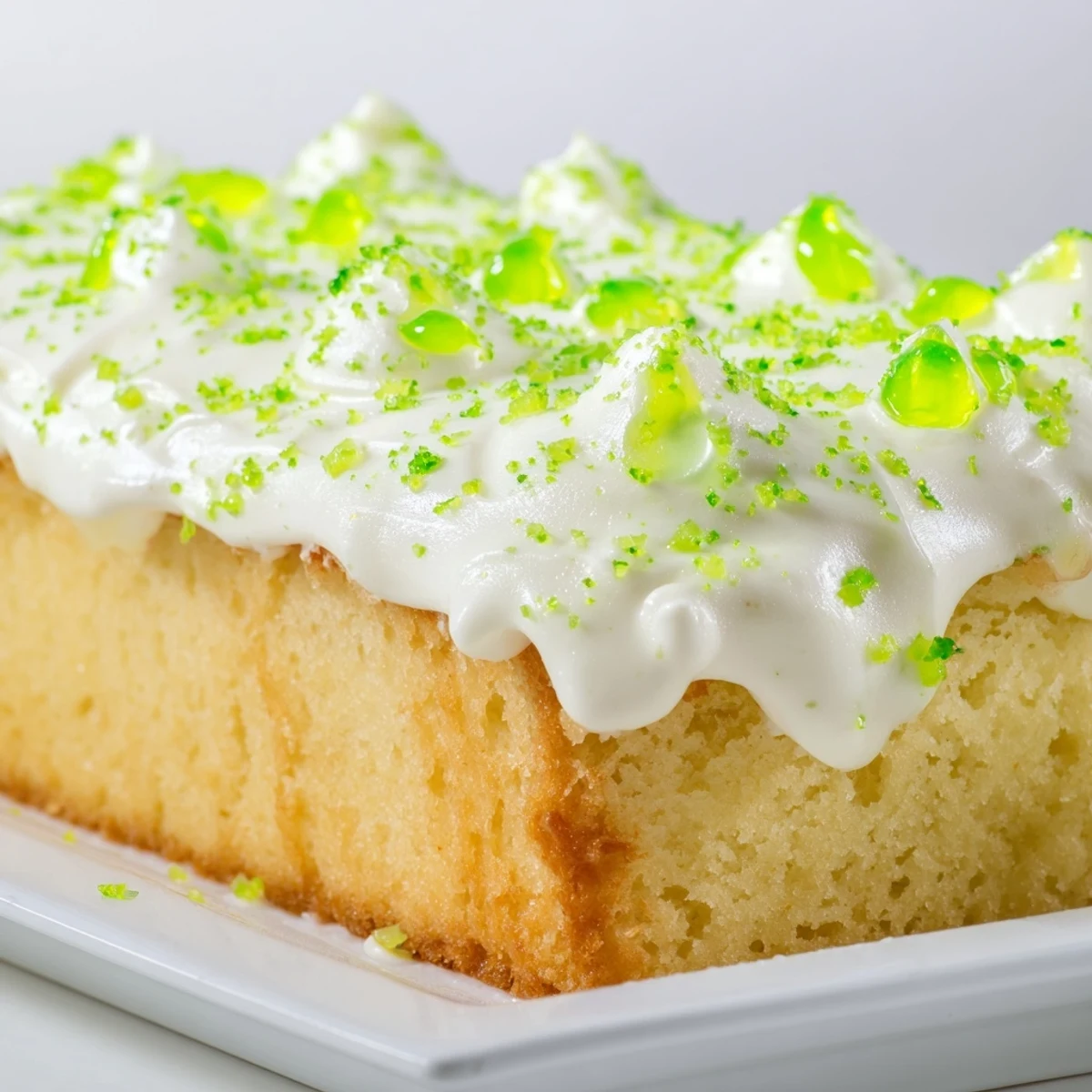 A slice of St. Patricks Day Lime Poke Cake reveals green gelatin pockets and a fluffy whipped topping, garnished with lime zest.  