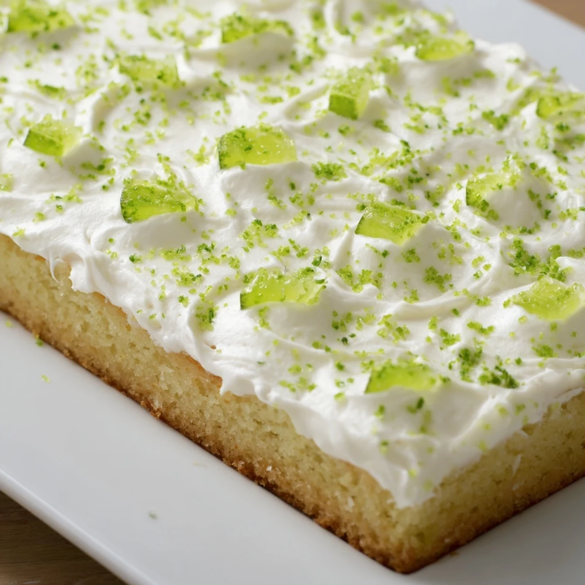 This festive St. Patricks Day Lime Poke Cake squares show a moist white cake soaked in bright green lime gelatin and creamy topping.  