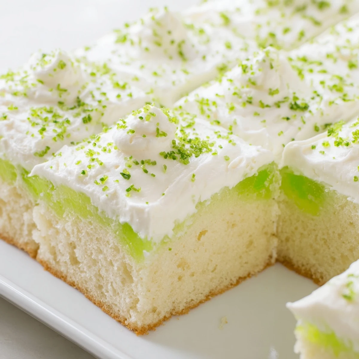 Ready to serve, the St. Patricks Day Lime Poke Cake features a moist crumb, lime filling, and green sprinkles for a festive touch.