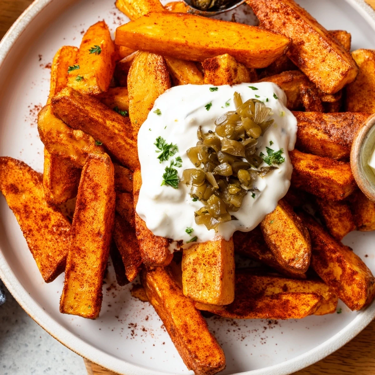 Crispy, golden Cajun Spiced Fries with Remoulade piled high on a plate, featuring spicy, aromatic seasoning and a creamy dipping sauce.