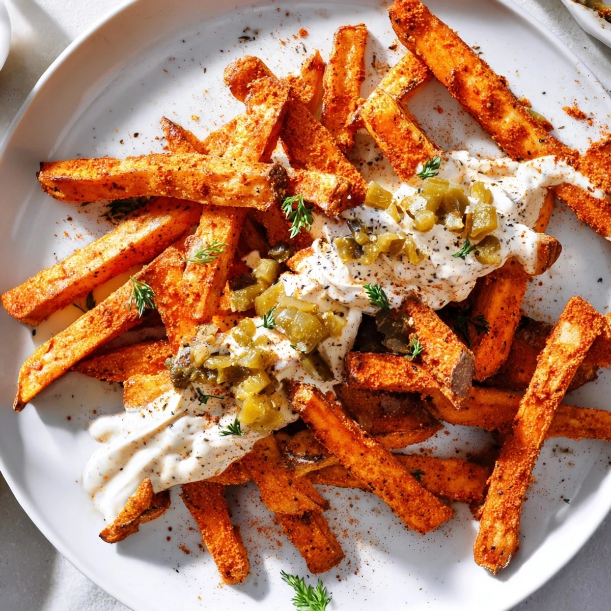 A close-up of seasoned Cajun Spiced Fries with Remoulade, showcasing crispy texture and the zesty, creamy dipping sauce perfect for snacking.
