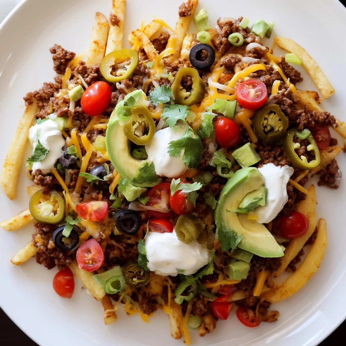 A close-up view of Super Bowl Loaded Nacho Fries with dollops of sour cream and diced tomatoes.
