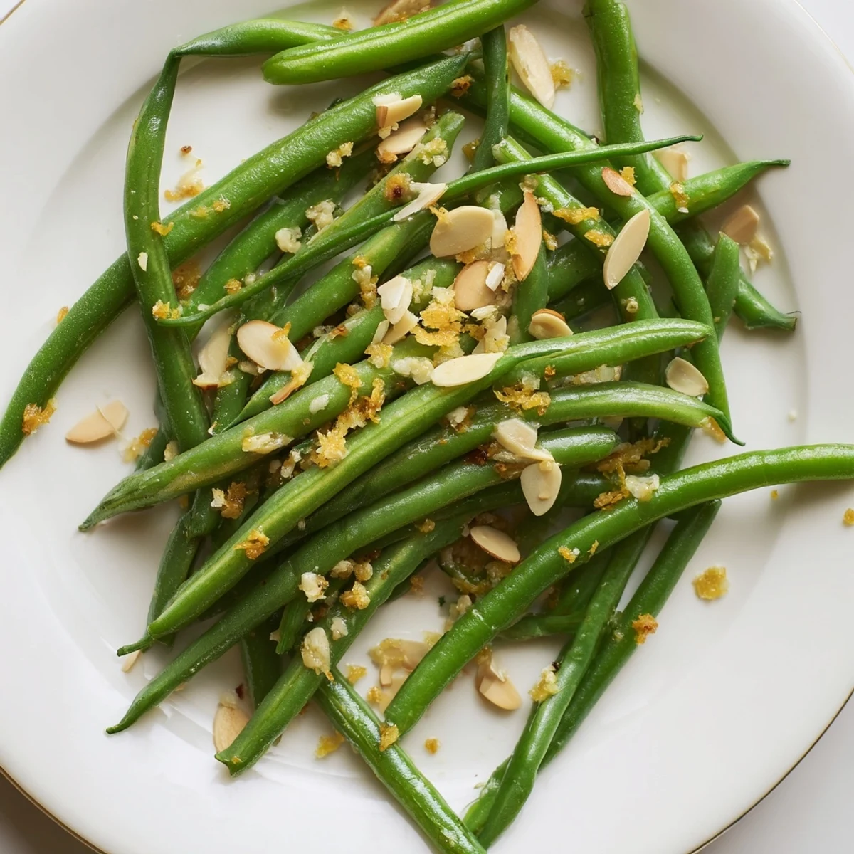 Freshly cooked green beans with lemon and almonds tossed with garlic, a quick gluten-free side for busy weeknight meals.