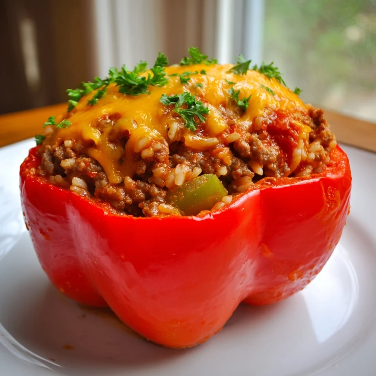 Golden-baked Creole stuffed peppers filled with tender beef, rice, and peppers, served in a baking dish with a rich tomato sauce. 