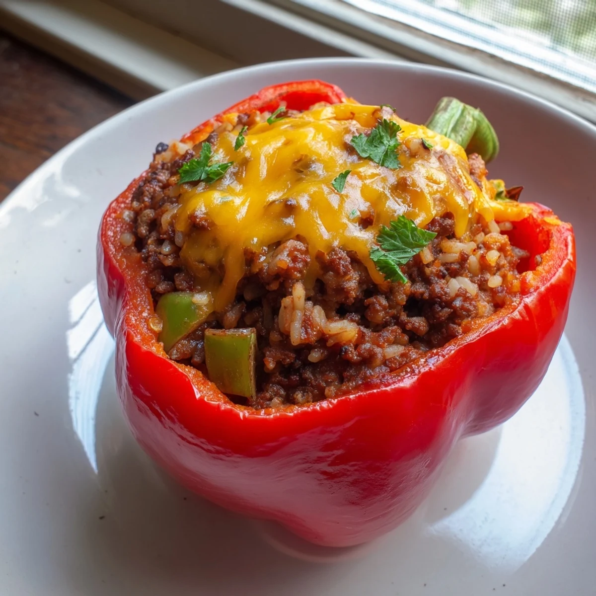 Close-up view of a halved Creole stuffed pepper, revealing the hearty beef, rice, and diced tomato filling, garnished with fresh parsley.