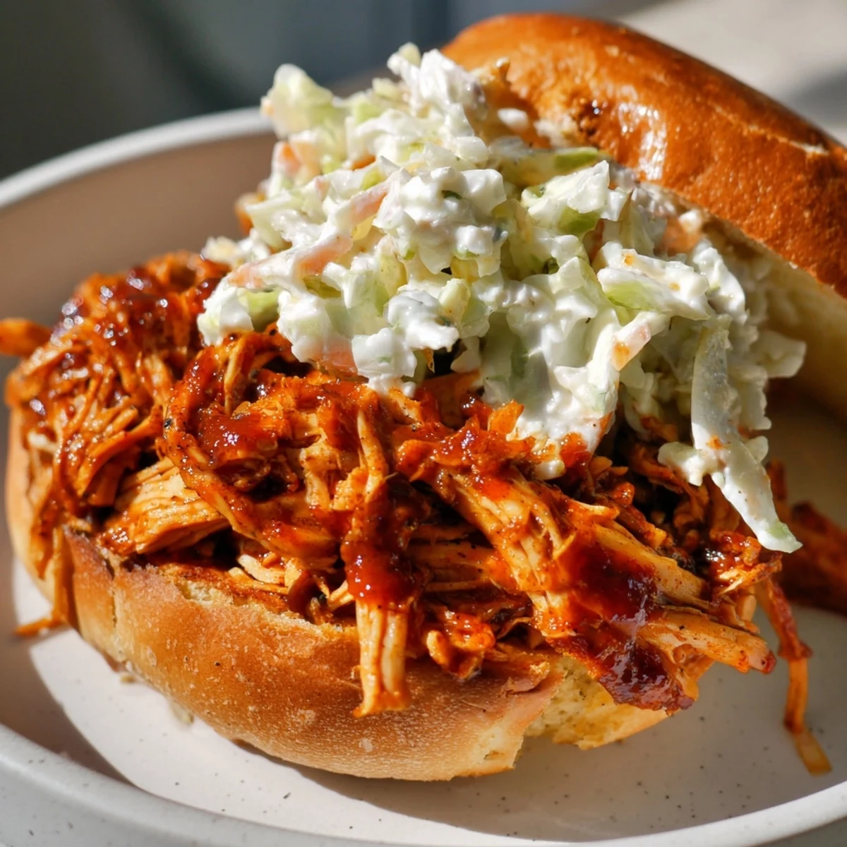 Golden-brown toasted buns overflowing with saucy Tailgate Pulled Chicken Sandwiches and creamy slaw.