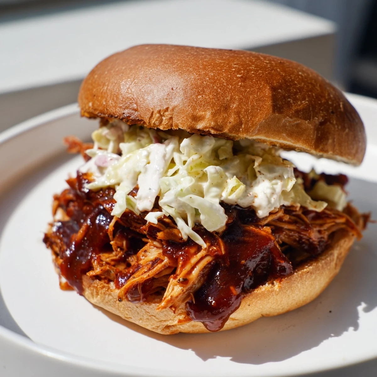 Tailgate Pulled Chicken Sandwiches piled high with smoky barbecue chicken and tangy pickles.