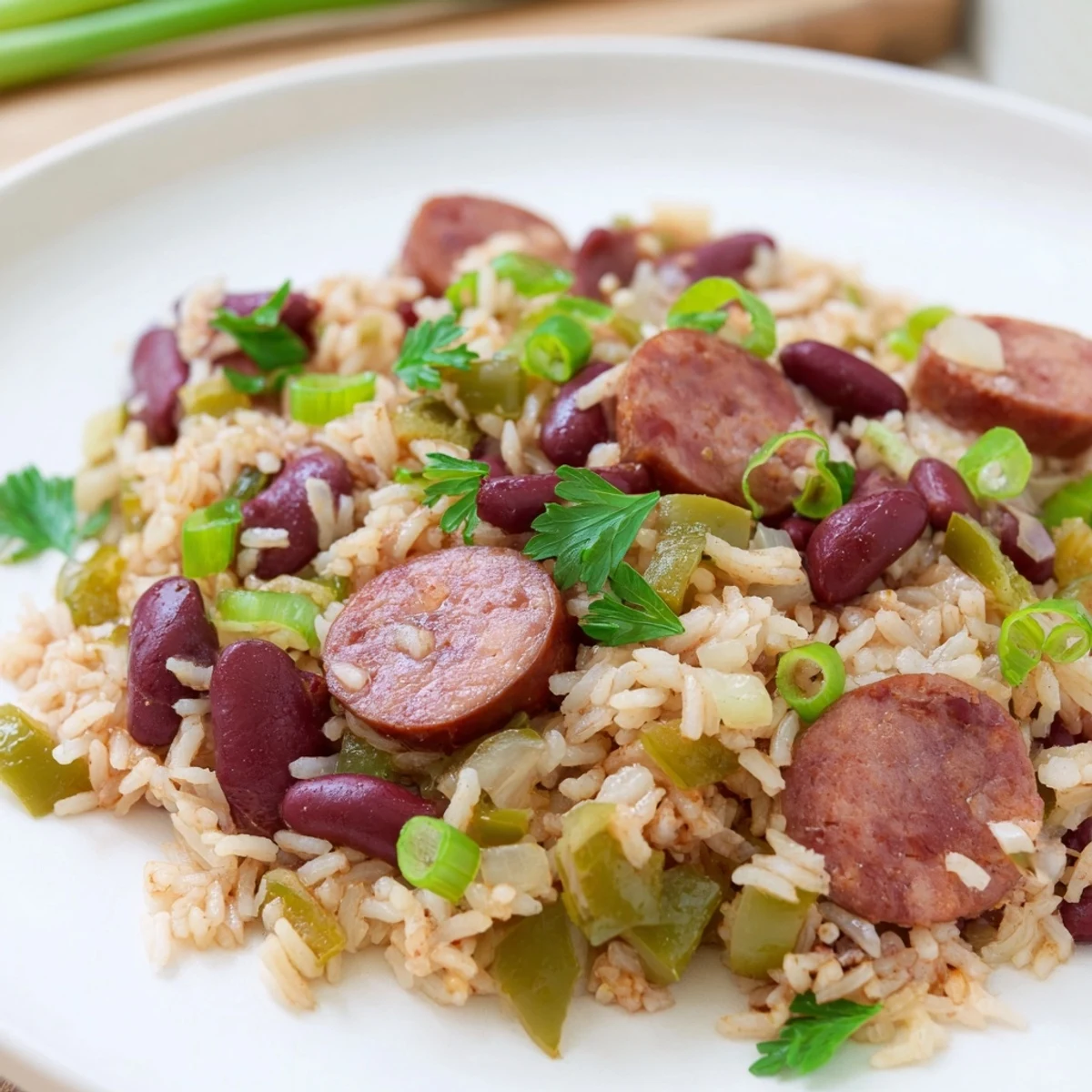Savory Mardi Gras Rice and Beans with Beef Sausage steams in a rustic pot, garnished with fresh parsley.