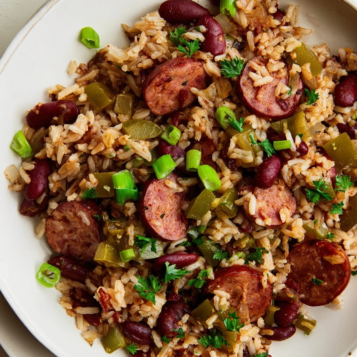 Colorful Mardi Gras Rice and Beans with Beef Sausage pairs with golden cornbread and a zesty lime wedge.