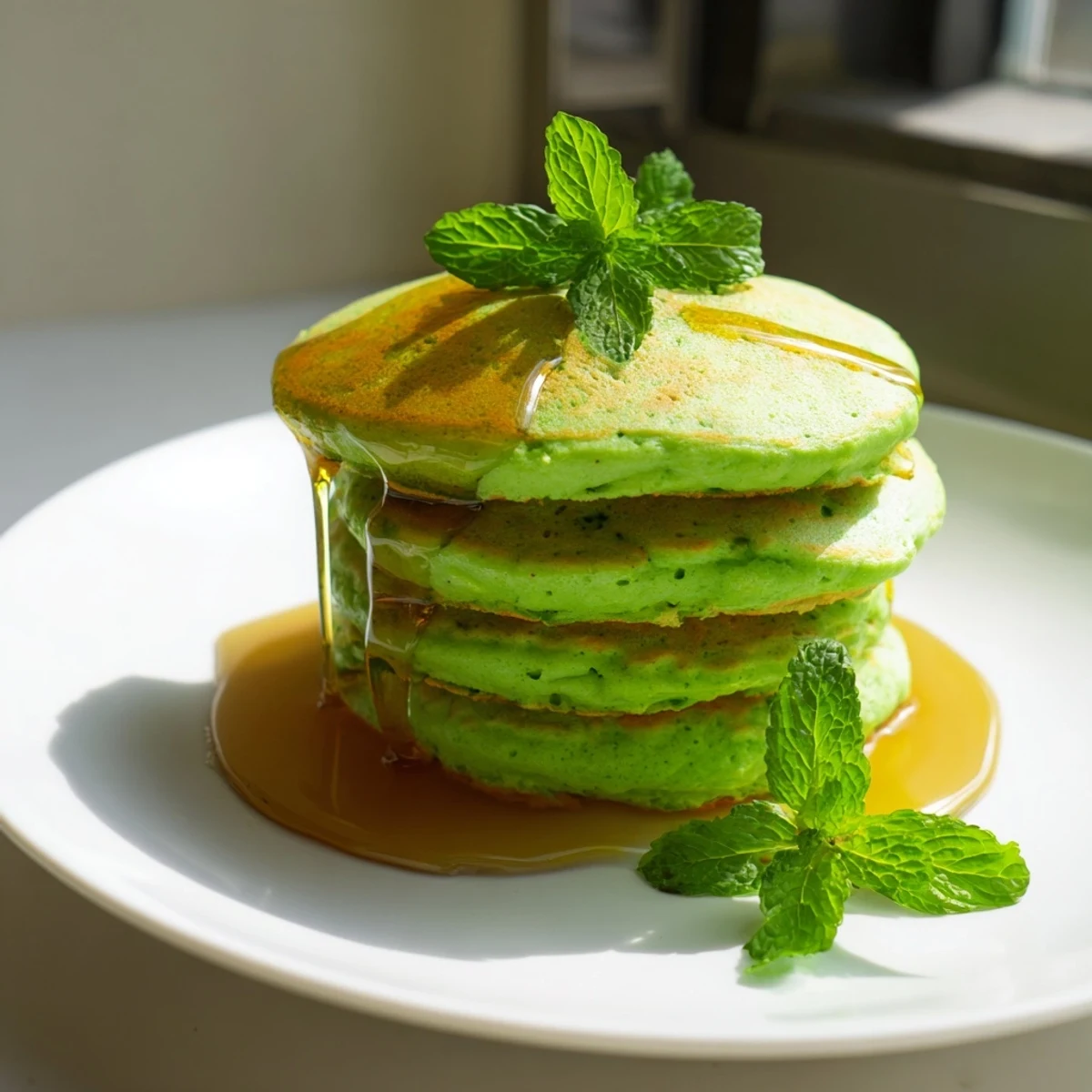 Fluffy Shamrock Green Pancakes stacked high, drizzled with golden maple syrup for a festive St. Patrick's Day breakfast.