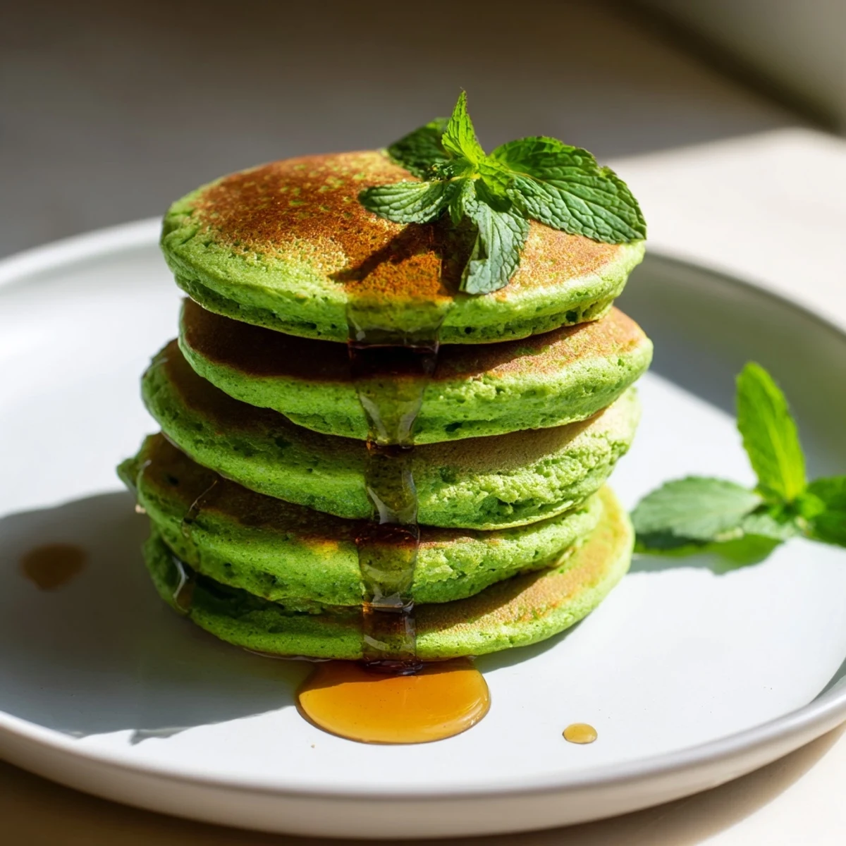 Warm, vibrant Shamrock Green Pancakes on a plate, paired with a pitcher of syrup and fresh berries.
