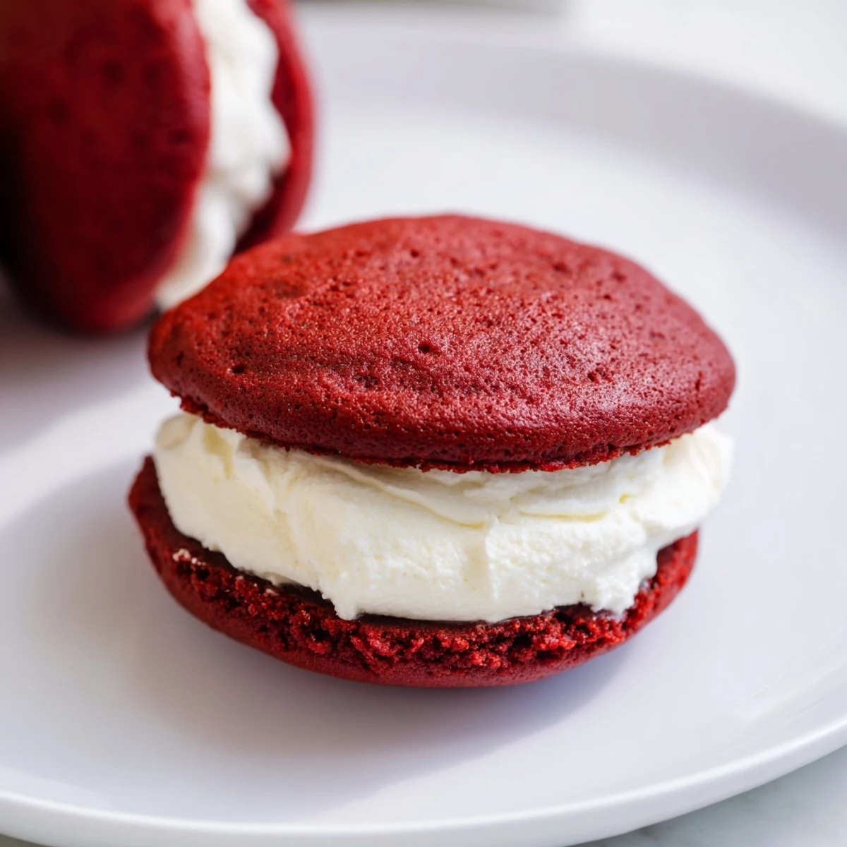 Two soft, red velvet whoopie pies filled with fluffy marshmallow cream on a rustic plate.