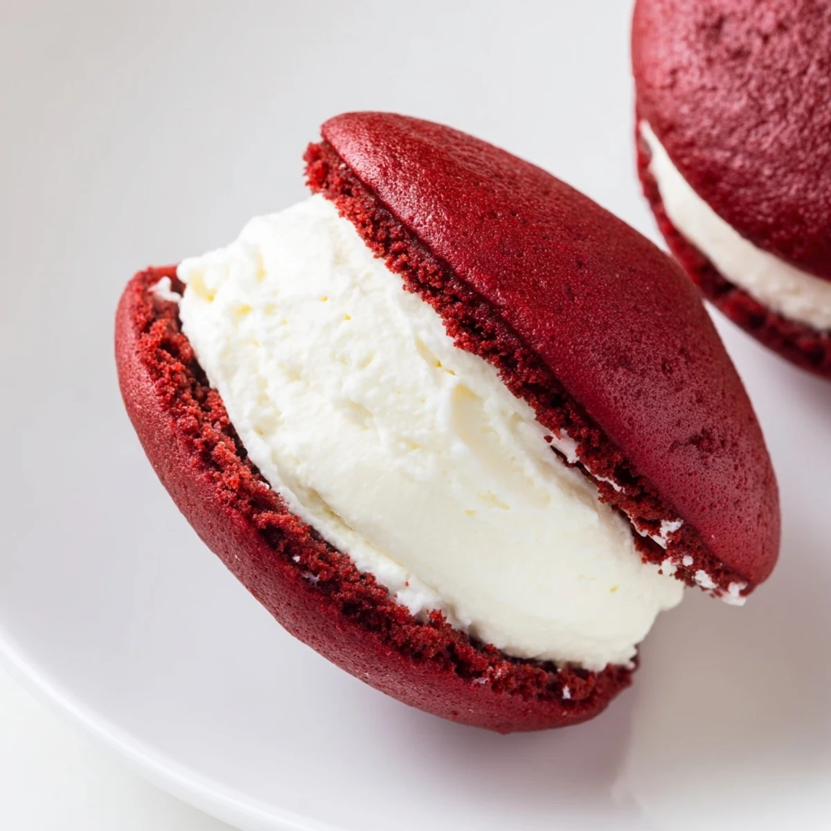 Red Velvet Whoopie Pies with Marshmallow Filling sandwiched with fluffy white cream.
