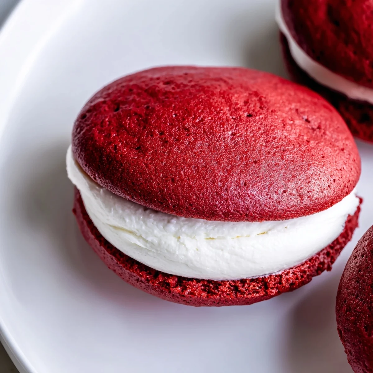 Bite-sized Red Velvet Whoopie Pies with Marshmallow Filling served with milk, perfect for dessert.