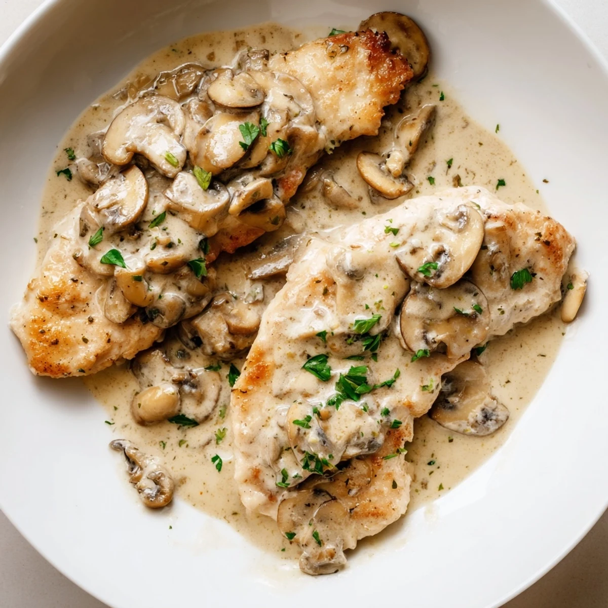 Tender chicken breasts coated in flour, pan-seared until golden for Date Night Chicken Marsala.