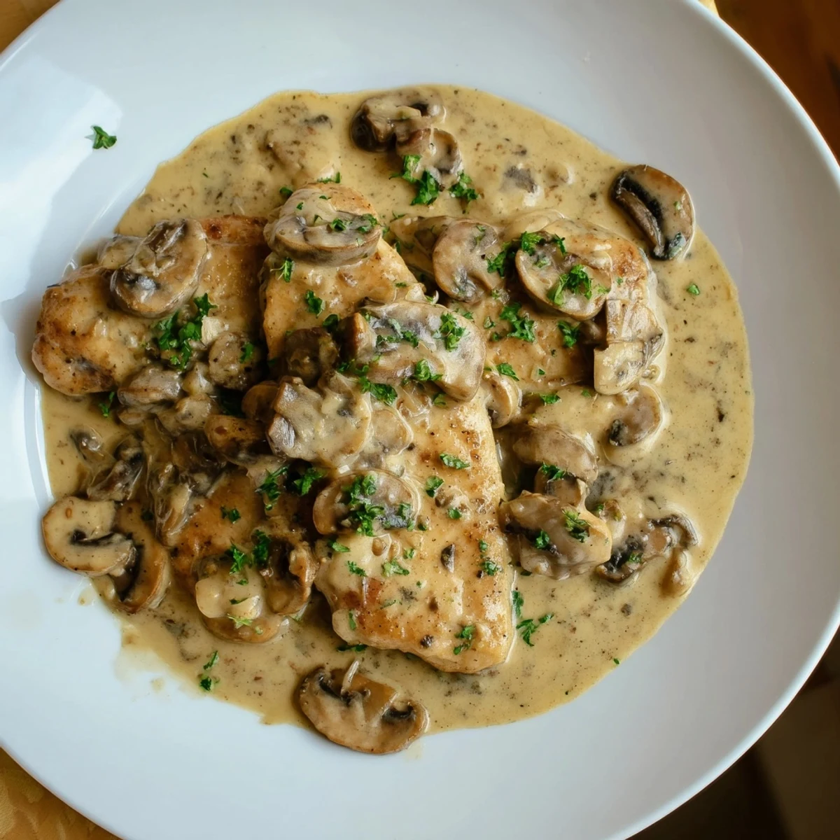 Sautéed cremini mushrooms and garlic simmer in a rich, creamy sauce without alcohol.