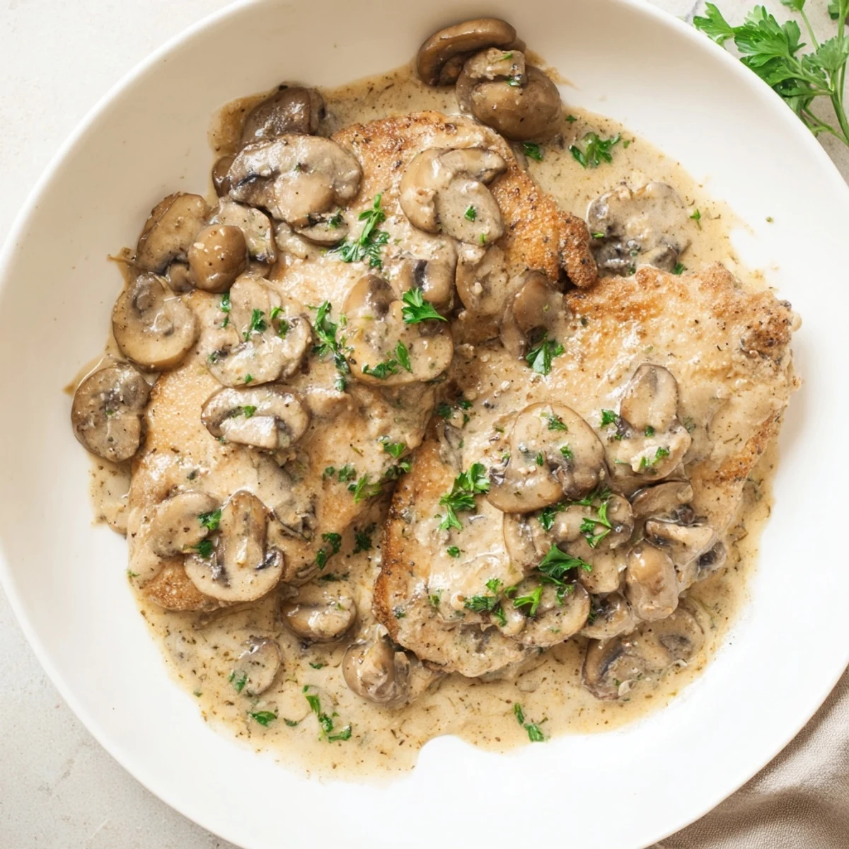 Ready to serve Date Night Chicken Marsala, garnished with fresh parsley over mashed potatoes.