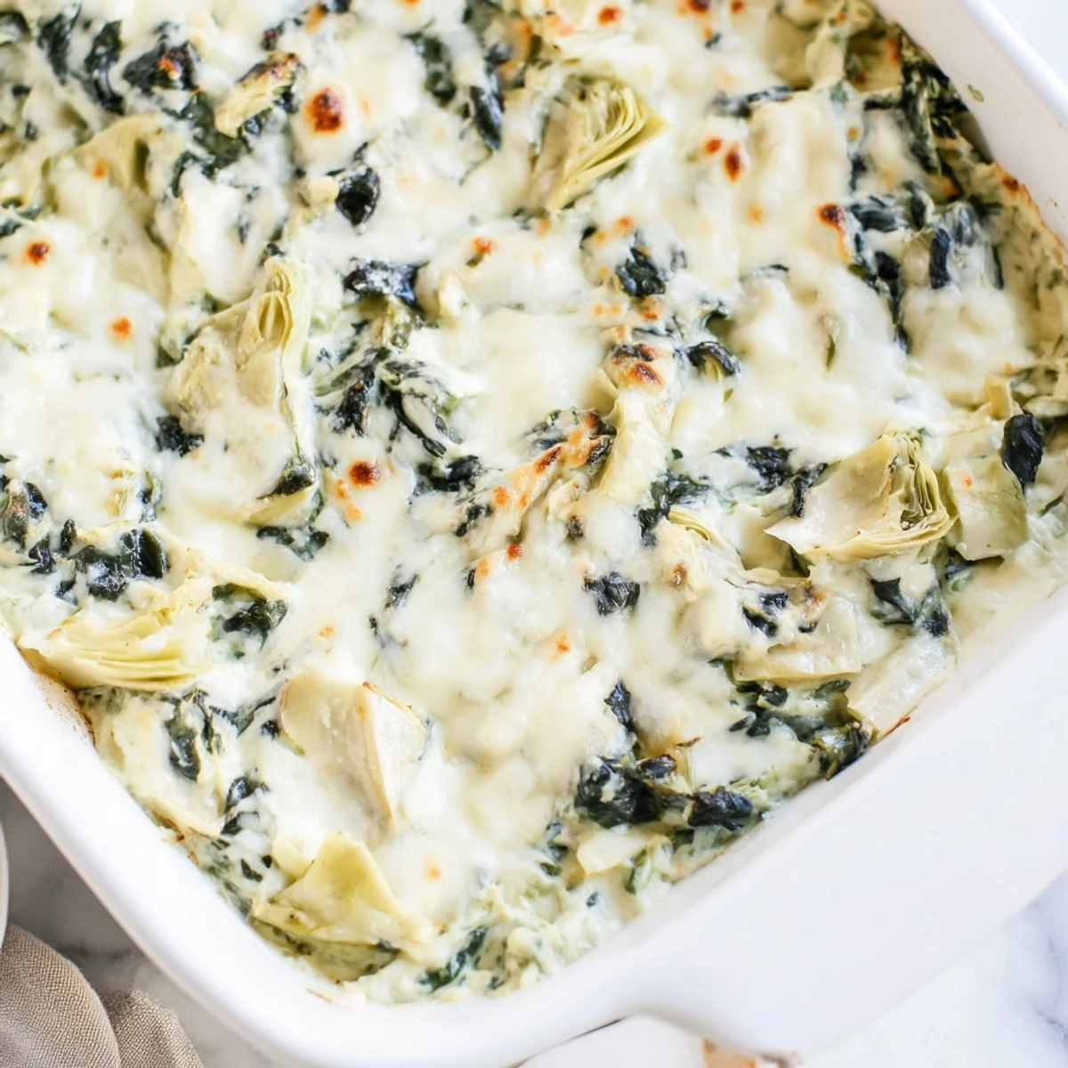 Freshly baked spinach and artichoke dip with creamy texture, bright green spinach, and toasted golden top, ready for game day parties.  