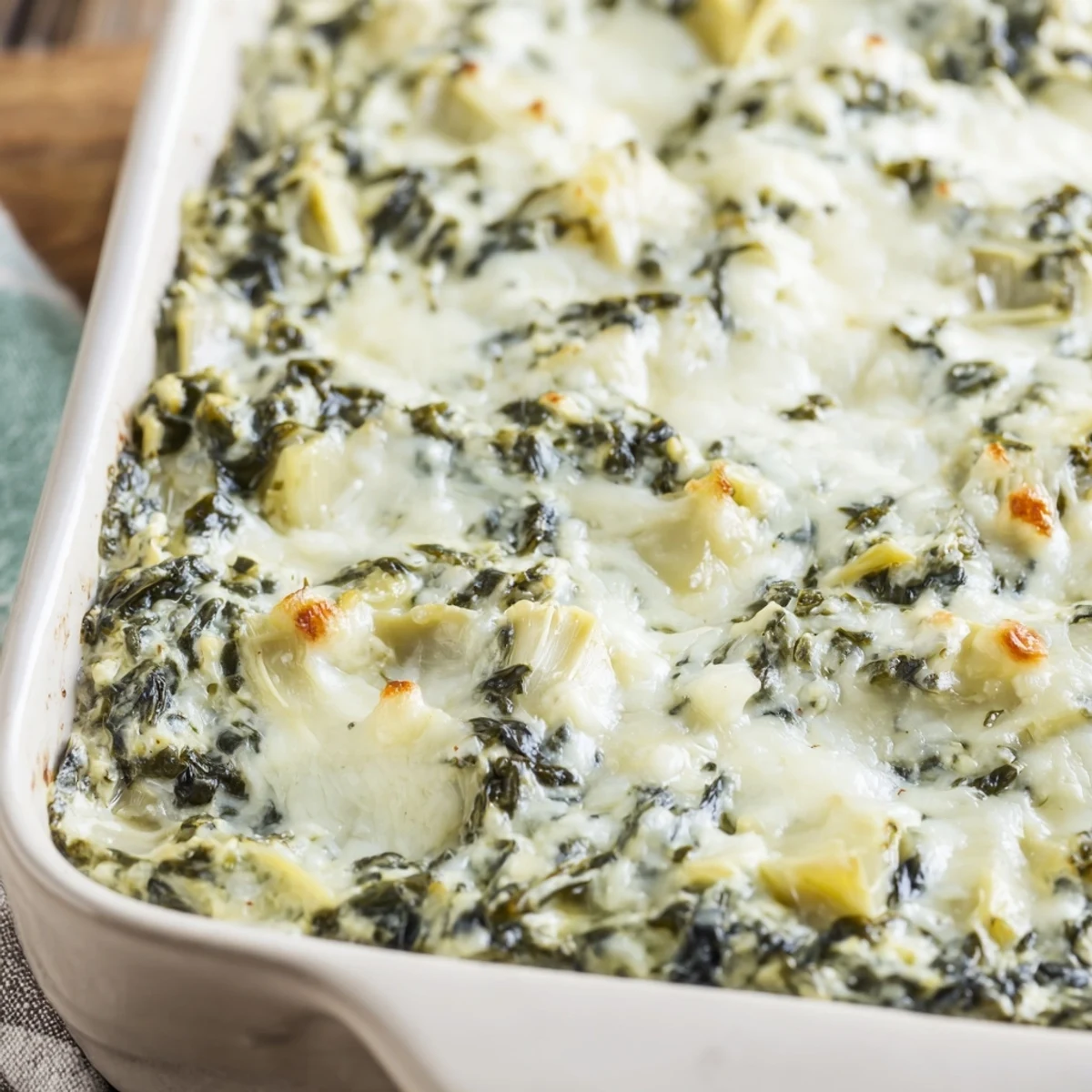 Golden baked spinach and artichoke dip in a white dish, bubbling with melted mozzarella and Parmesan cheese, served with tortilla chips.  