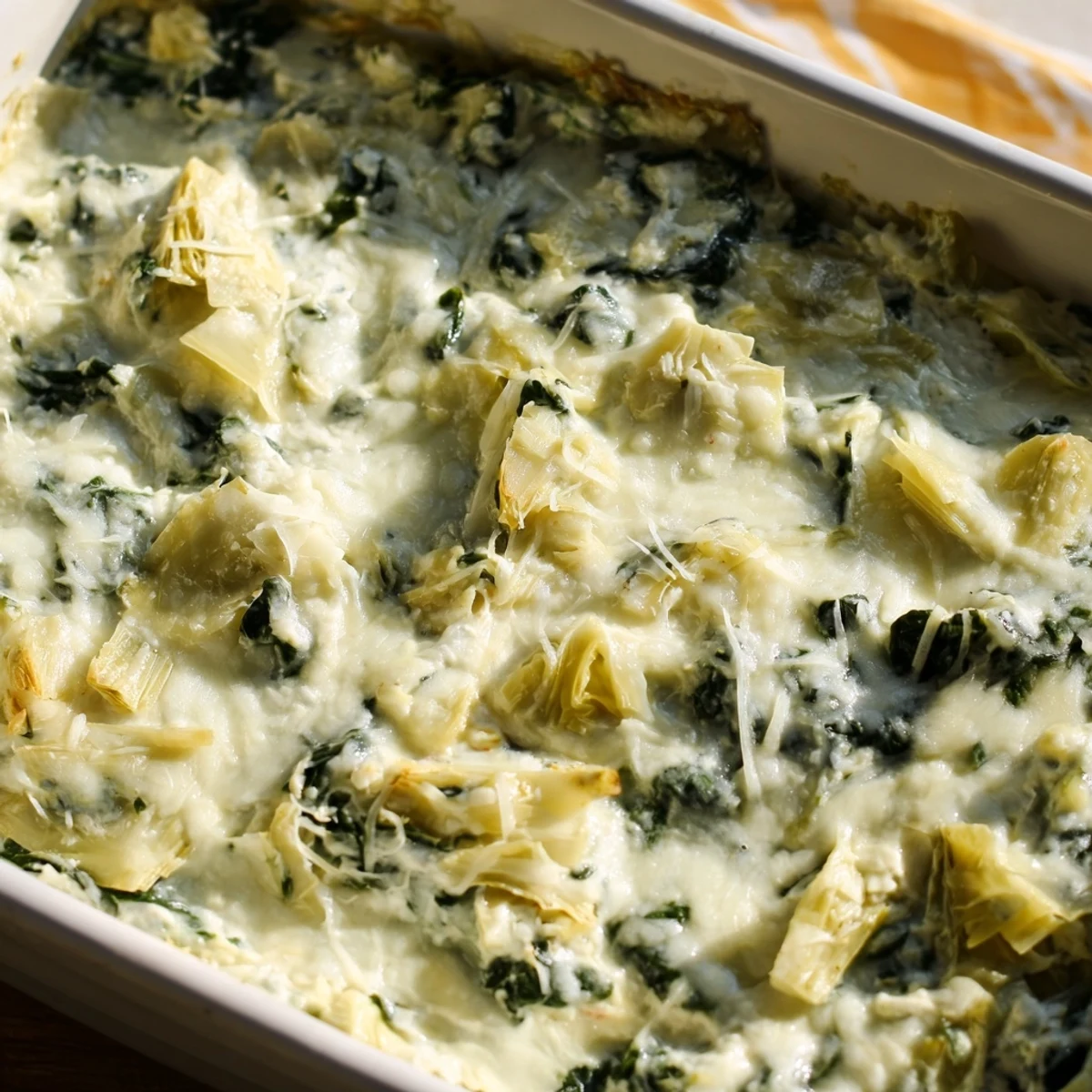 Close-up of homemade spinach and artichoke dip in a baking dish, cheesy and creamy, paired with sliced baguette for dipping.