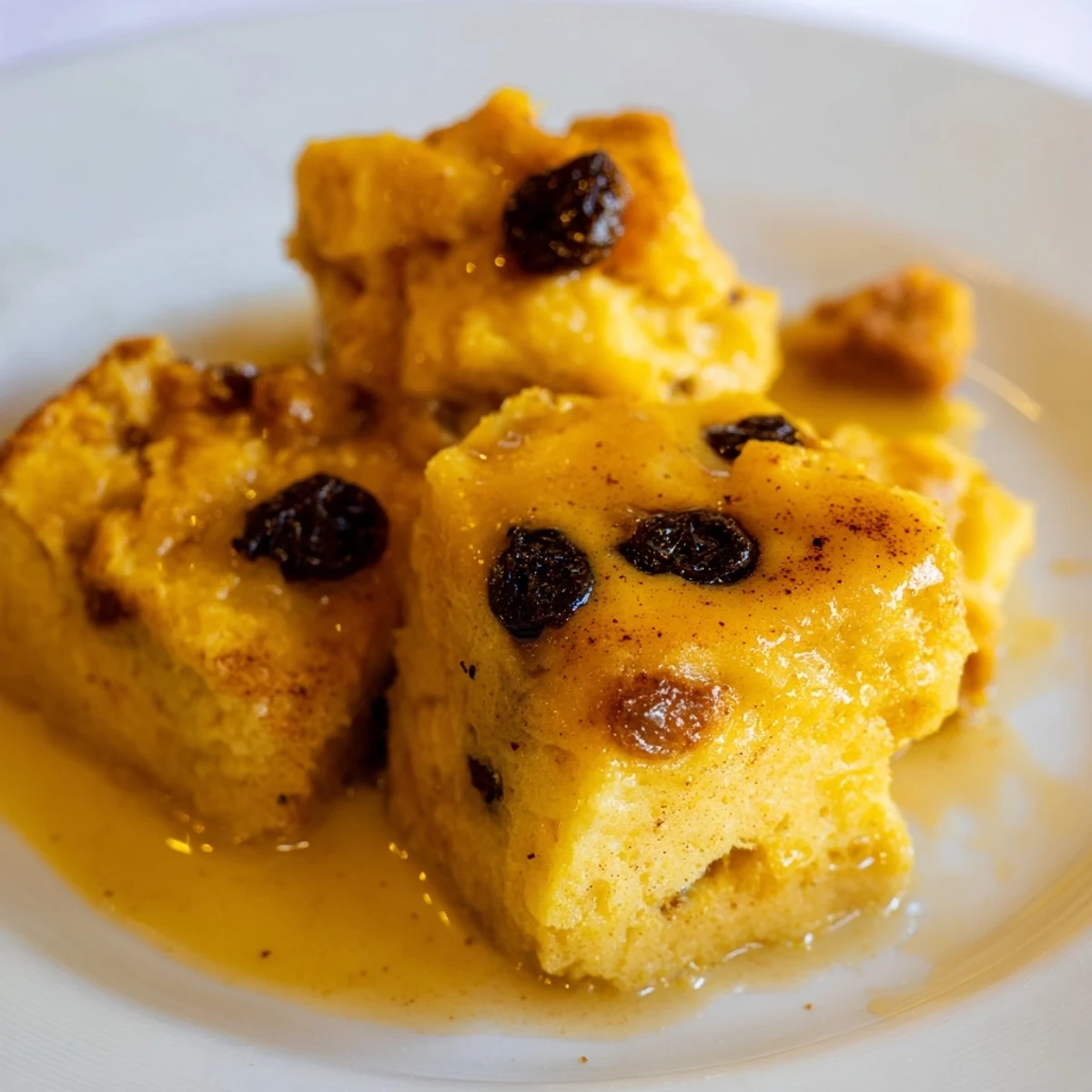 Freshly baked Bread Pudding with Raisins in a ceramic dish, dusted with powdered sugar and ready to serve with a drizzle of vanilla sauce.