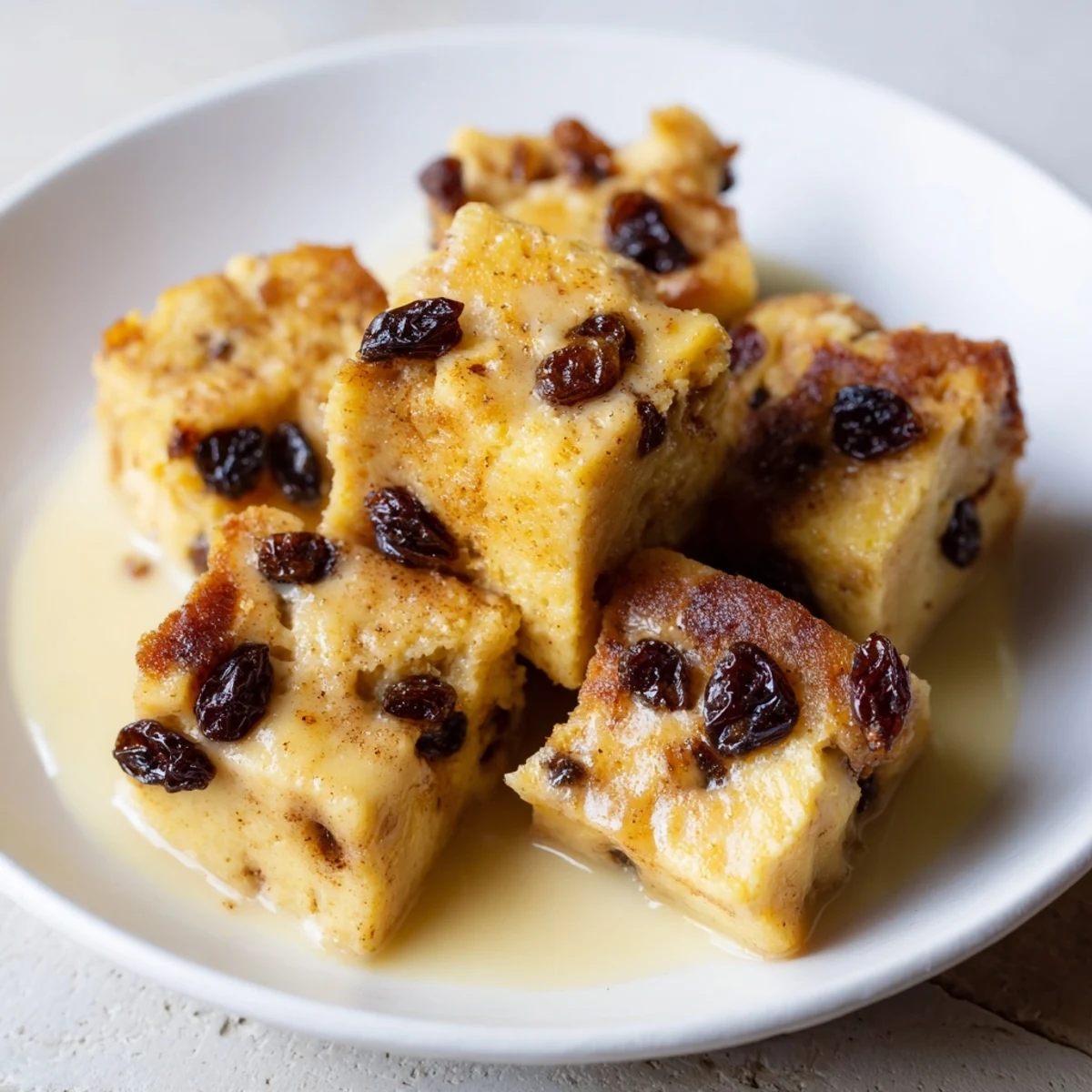 A warm slice of Bread Pudding with Raisins, featuring a golden-brown top and soft, custard-soaked bread studded with sweet raisins.