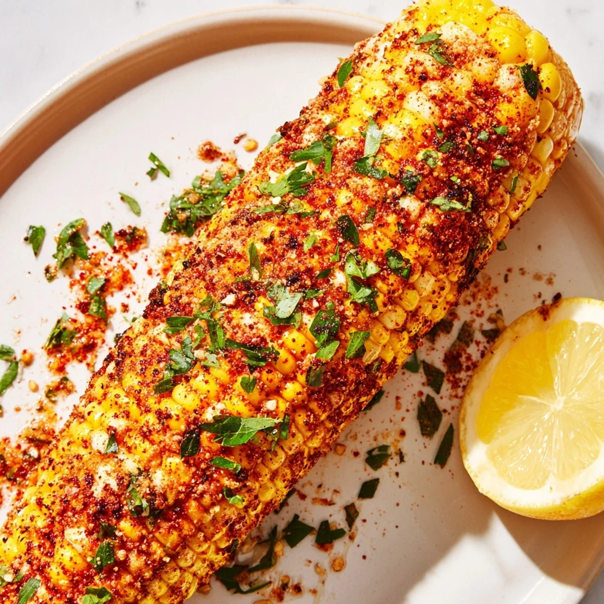 Golden grilled corn on the cob with Cajun spices glistening beside fresh lemon wedges.