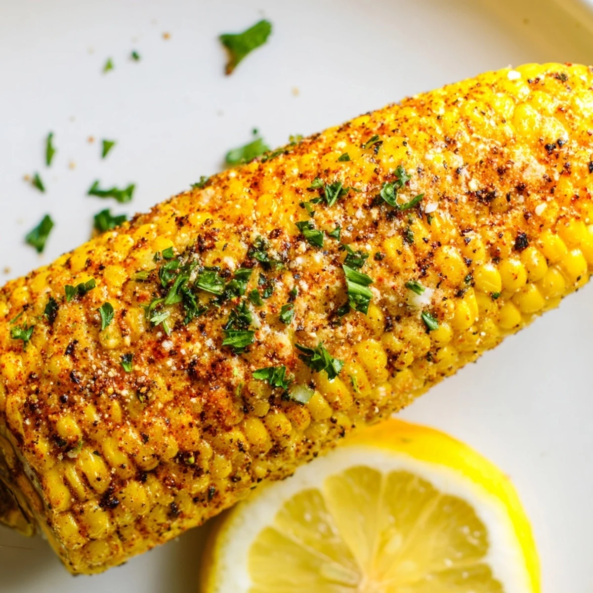 Smoky, spicy Corn on the Cob with Cajun Spices topped with parsley on a rustic plate.