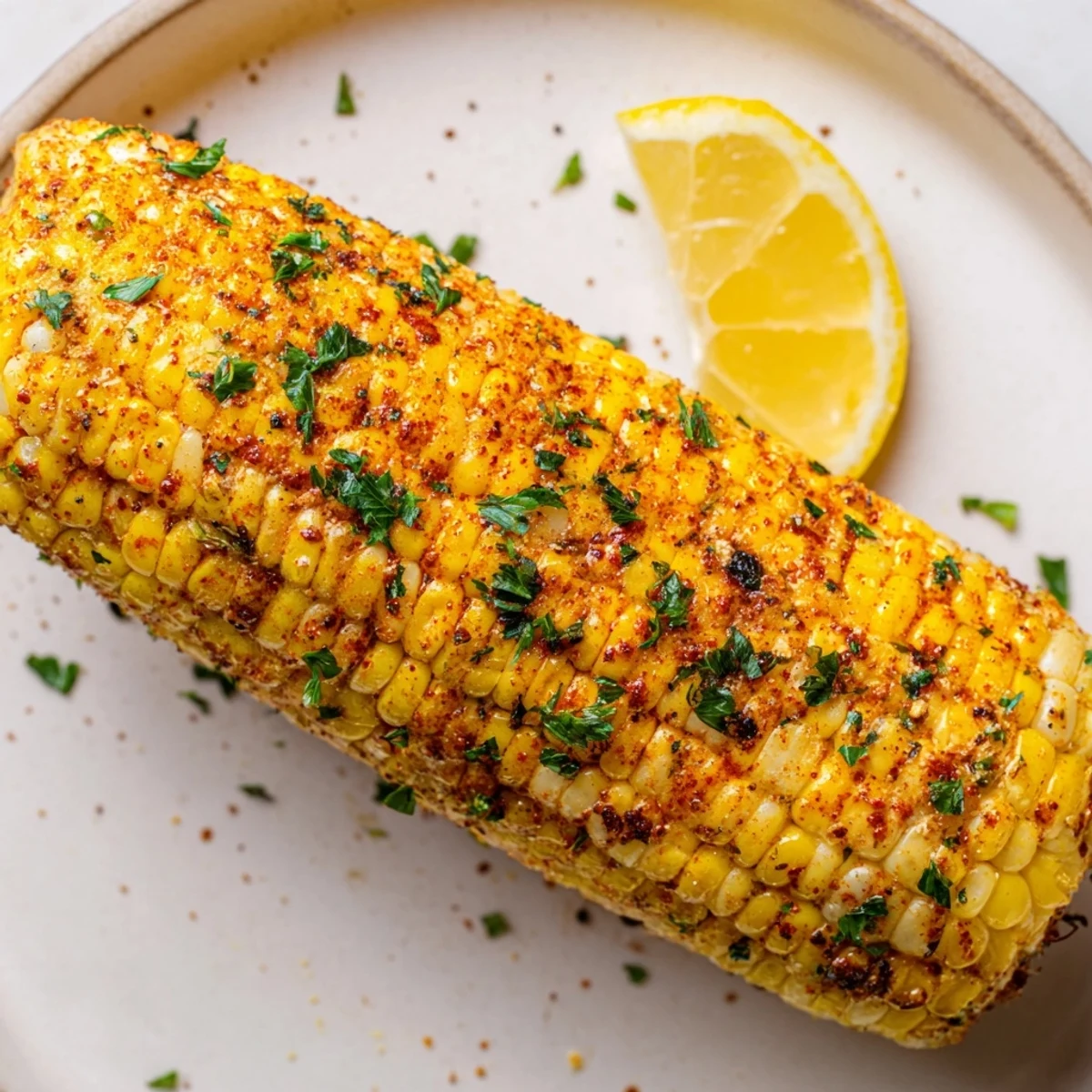 Charred kernels of Corn on the Cob with Cajun Spices served at a summer barbecue.