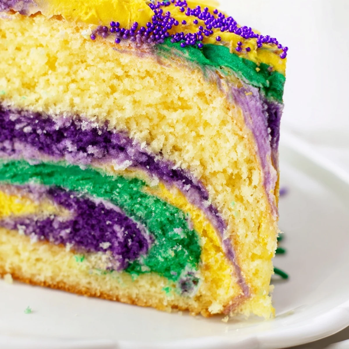 A close-up of Mardi Gras Cake with Tricolor Icing, displaying vibrant purple, green, and gold swirls on a fluffy, layered dessert.