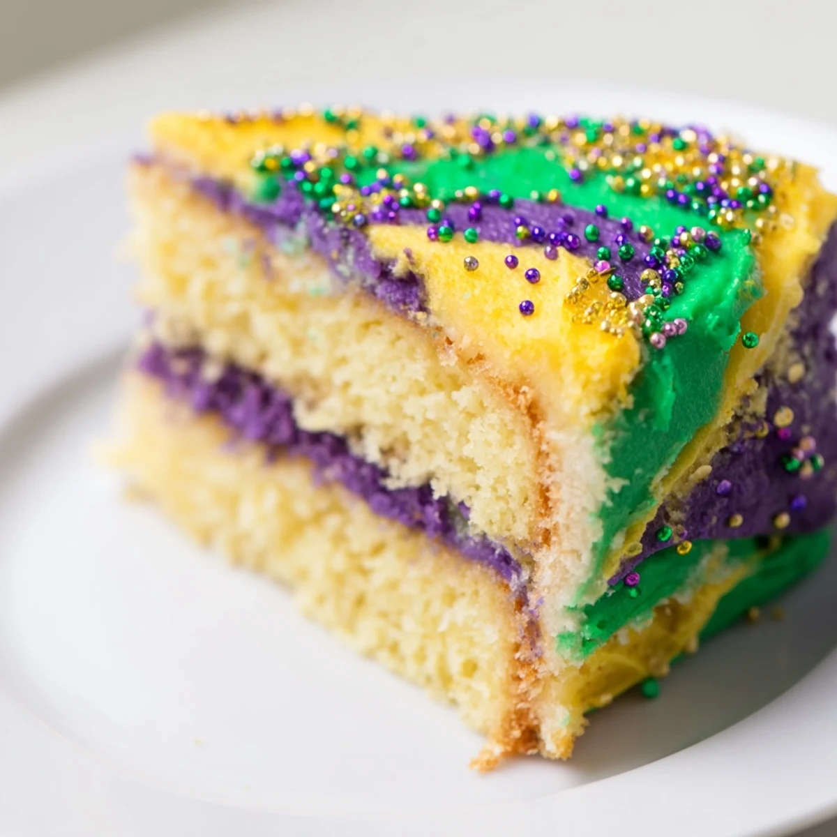 Mardi Gras Cake with Tricolor Icing sits on a rustic table, ready for a festive celebration with its bright, celebratory frosting.