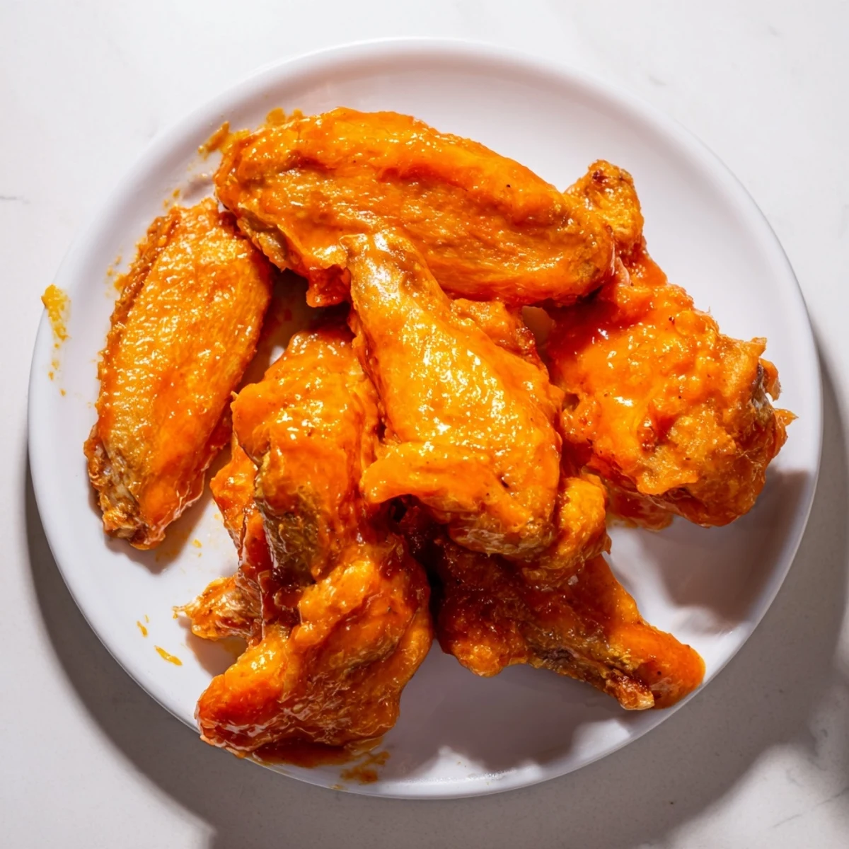 Golden-brown crispy Chicken Wings with Buffalo Sauce are tossed in a tangy, spicy glaze and served alongside fresh celery and carrot sticks for a classic game day appetizer.  