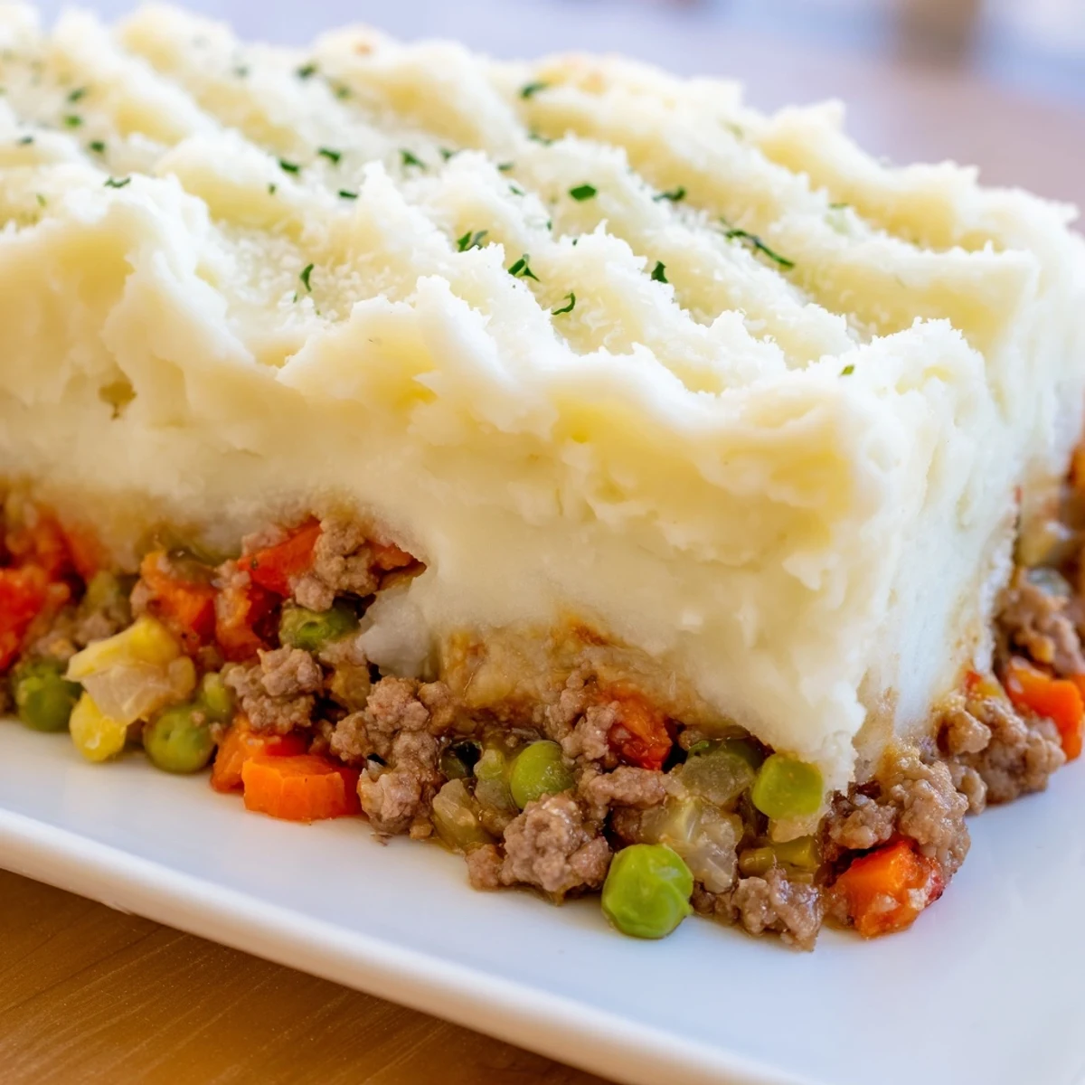 A close-up of golden-baked Shepherd's Pie with ground beef filling peeking through fork-marked mashed potatoes, served in a rustic white baking dish.