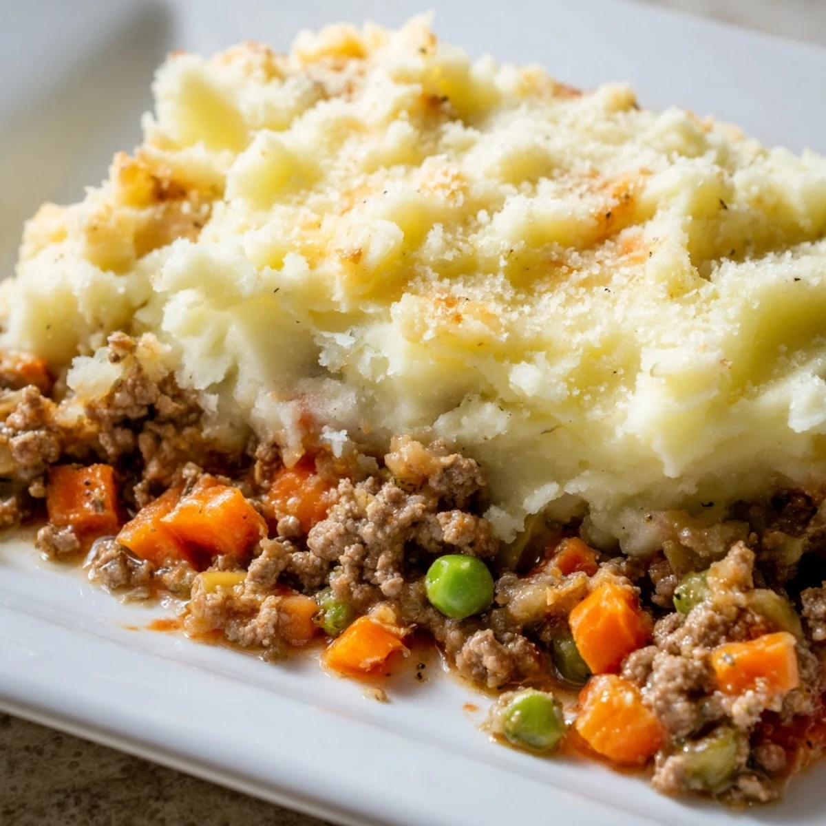 Serving suggestion for Shepherd's Pie with ground beef, paired with a crisp green salad on the side for a complete meal.