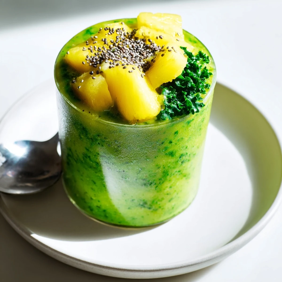 Freshly blended kale and pineapple smoothie garnished with chia seeds, served in a tall glass beside a vibrant green leaf for a healthy drink.