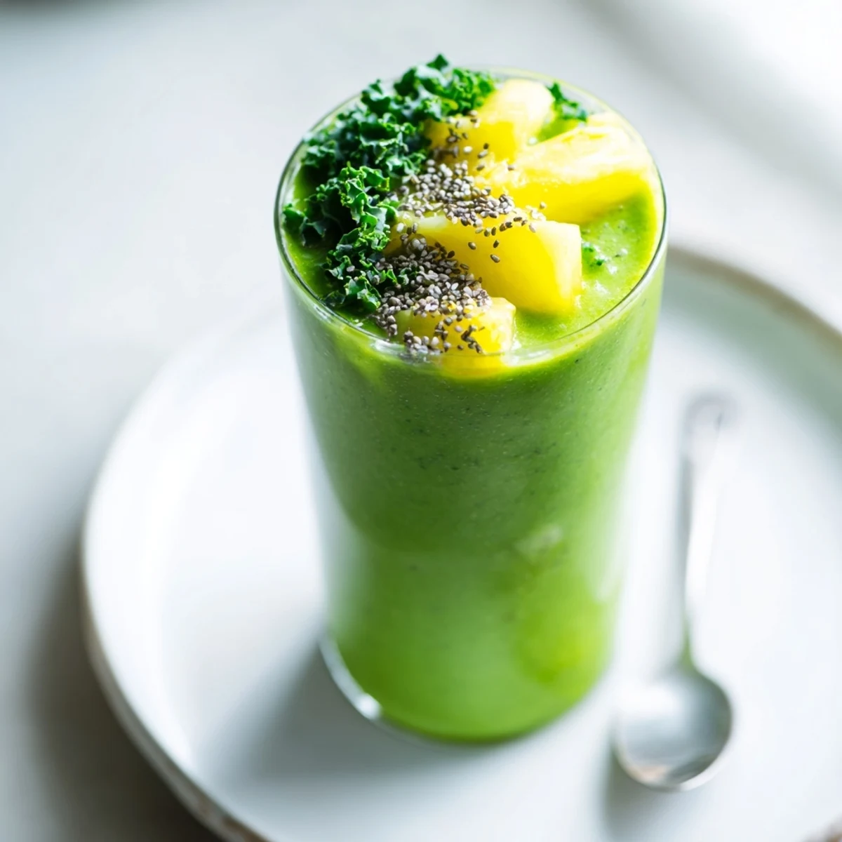 A tall glass of green smoothie with kale and pineapple, reflecting light on the surface, perfect for a quick vegan breakfast or post-workout refreshment.