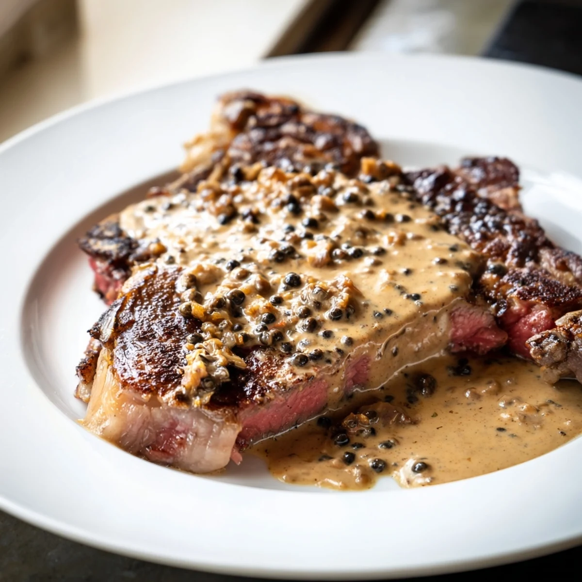 Sizzling steak with peppercorn sauce, garnished with fresh herbs and served beside creamy mashed potatoes on a rustic wooden table.