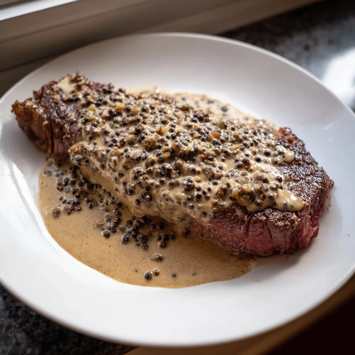 A close-up of steak with peppercorn sauce, rich and creamy, paired with crispy French fries and a glass of red wine.
