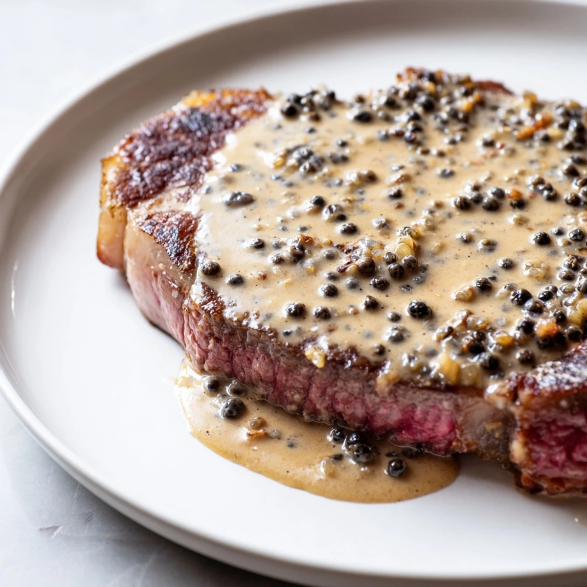 Resting steak with peppercorn sauce drizzled over top, alongside steamed vegetables, on a minimalist white plate for a special dinner.