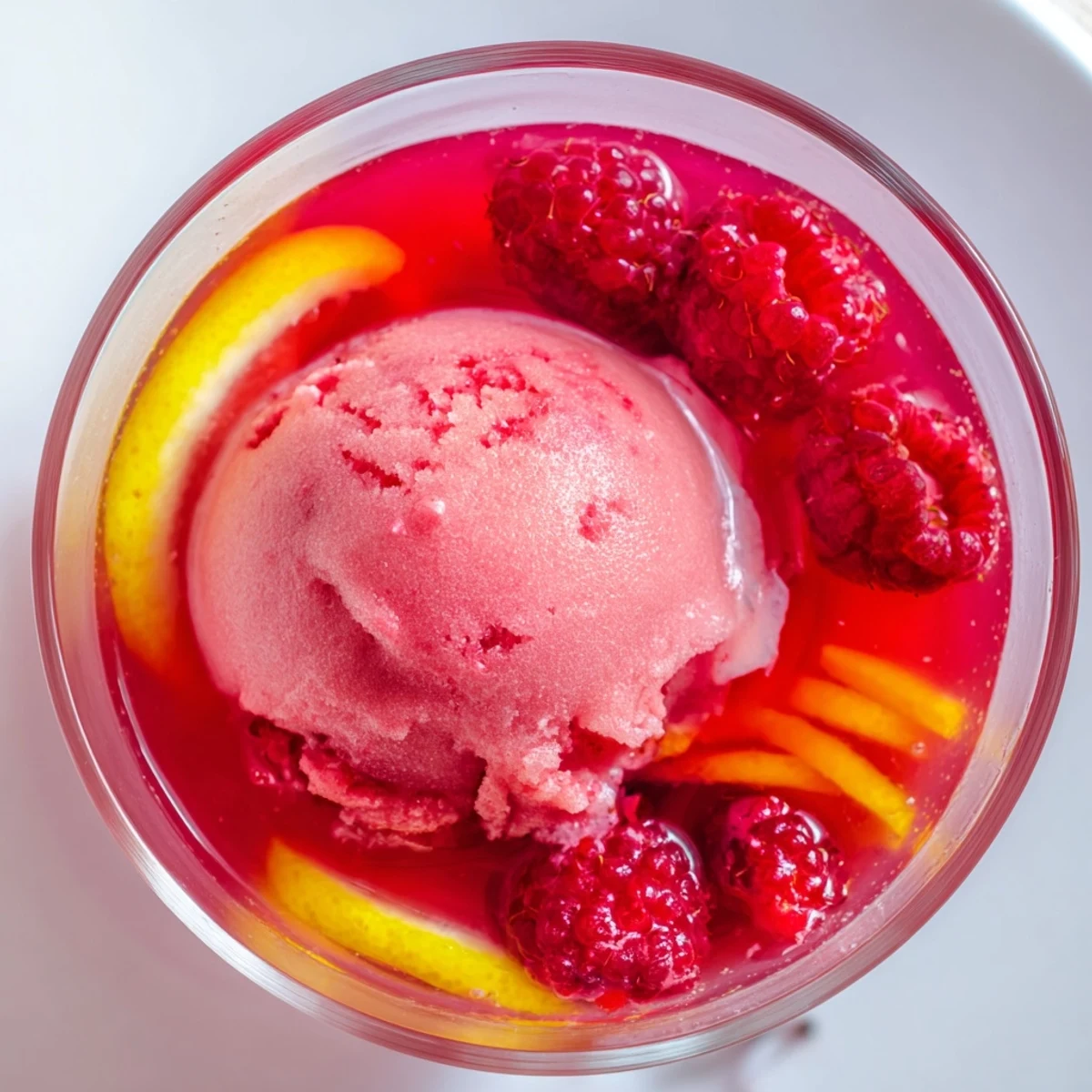 Vivid pink Pink Punch with Raspberry Sherbet glistens with ice, ready to pour from a punch bowl at a festive gathering.