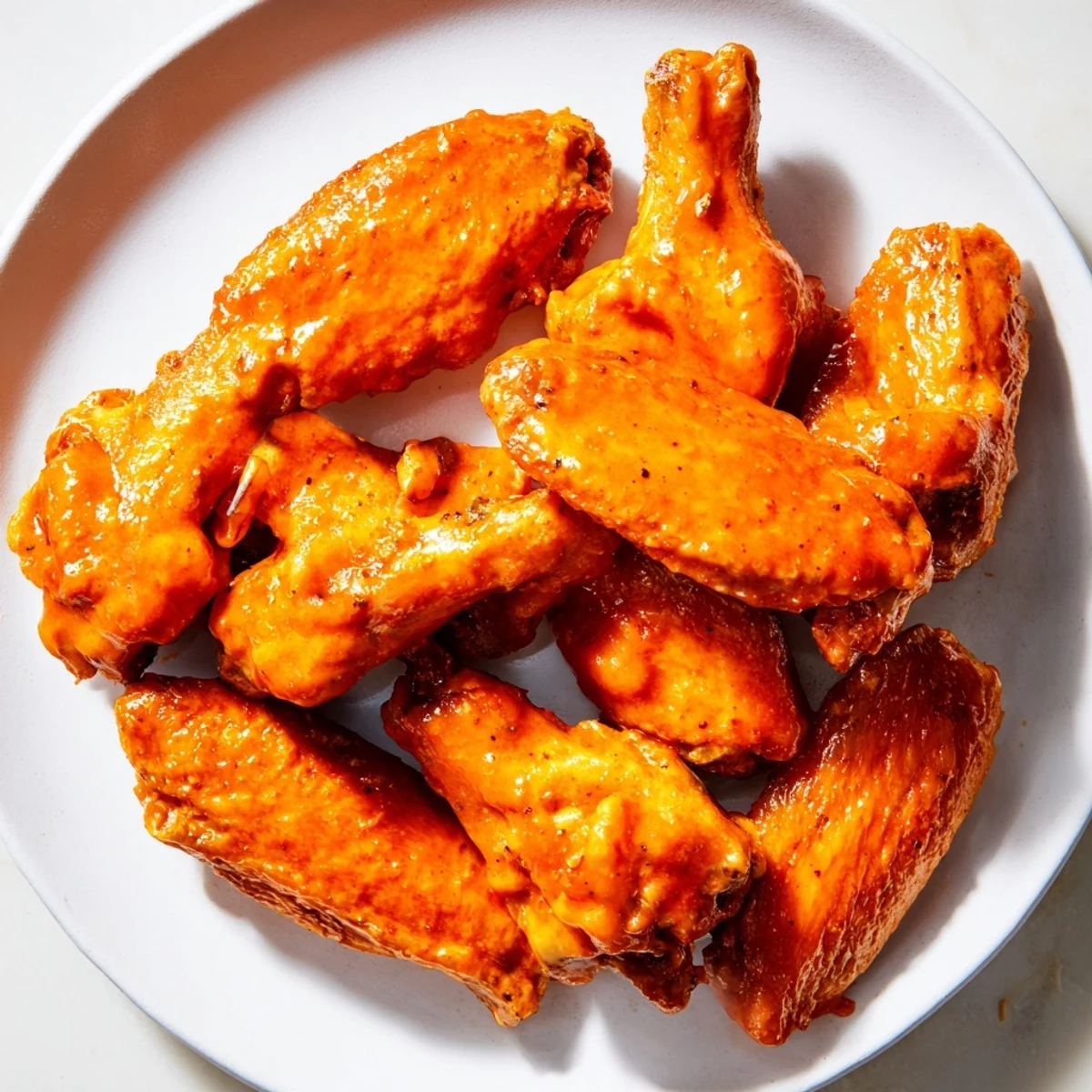 Golden crispy baked Chicken Wings with Buffalo sauce glistening, served with celery sticks and blue cheese dip.