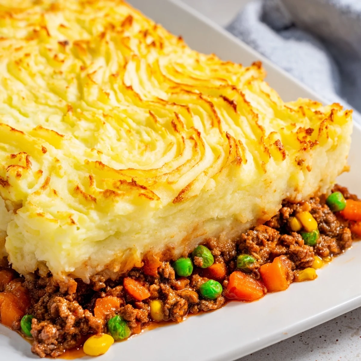 Creamy mashed potato topping covers seasoned ground beef, carrots, peas, and corn in a golden Shepherds Pie casserole, served hot from the oven.