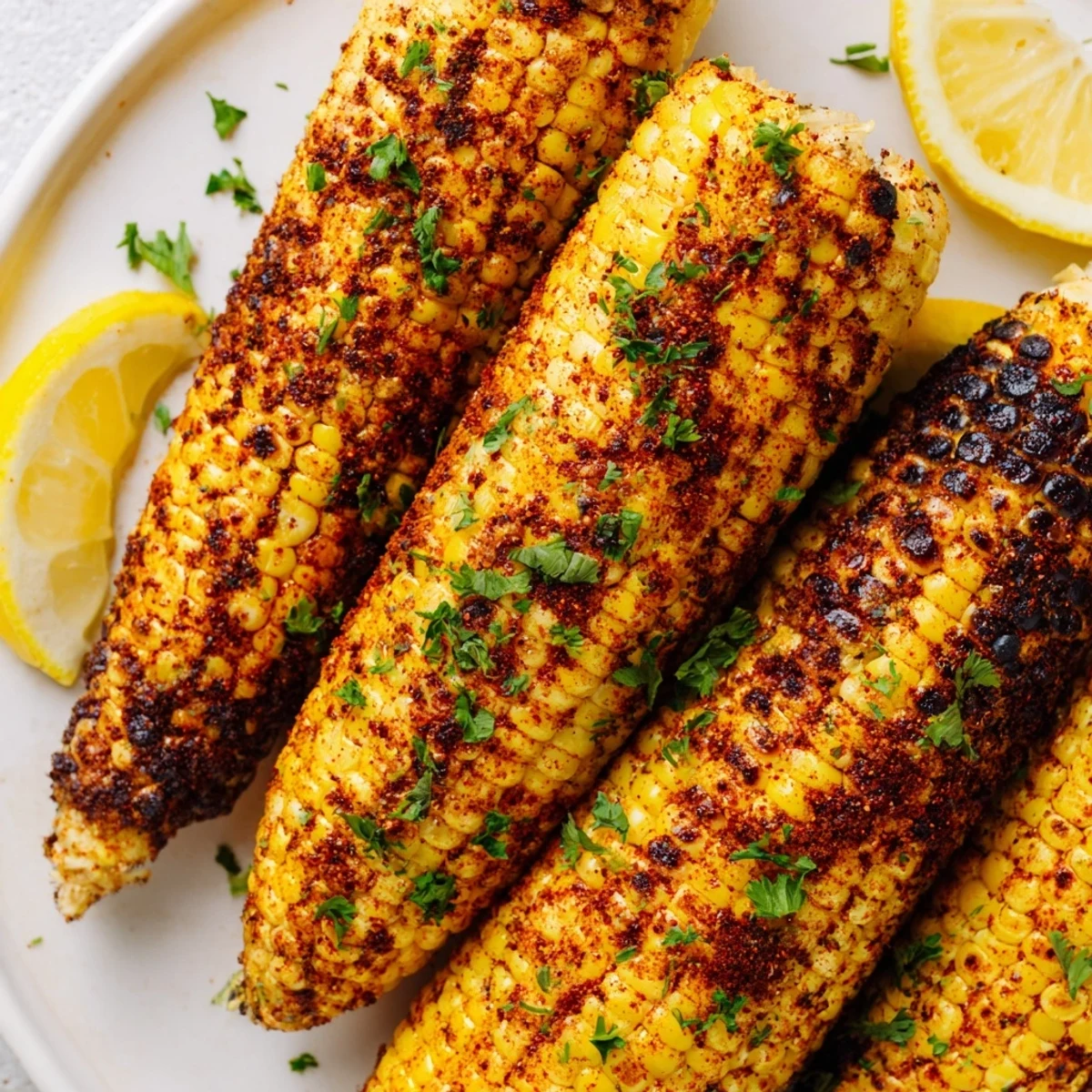 Corn on the Cob with Cajun Spices grilled and charred, brushed with buttery spice blend, served with lemon wedges for summer.