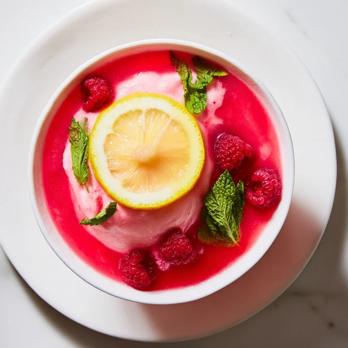 A vibrant pink punch with raspberry sherbet floating atop a fizzy, fruity base in a clear glass.