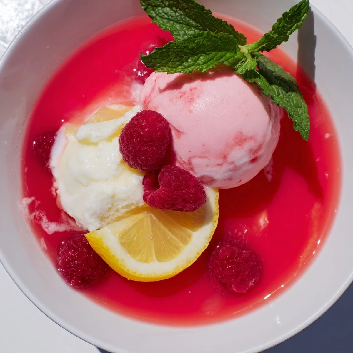Raspberry sherbet melts into pink punch, garnished with fresh raspberries and mint sprigs on a table.