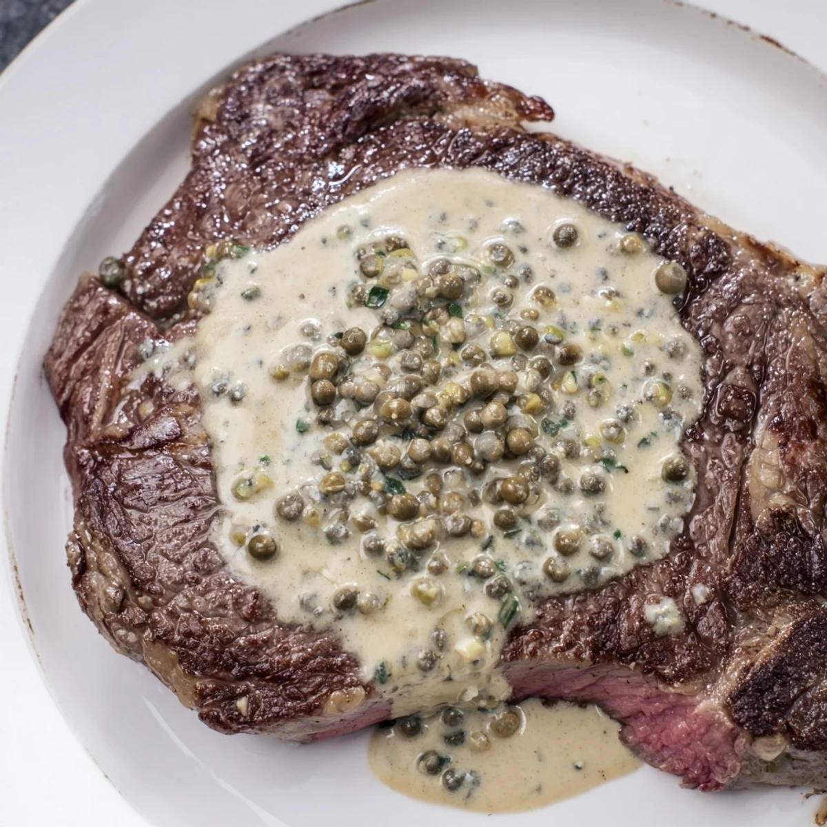 Tender medium-rare steak with a velvety brandy peppercorn sauce, ready to be enjoyed as an elegant French-inspired dinner.
