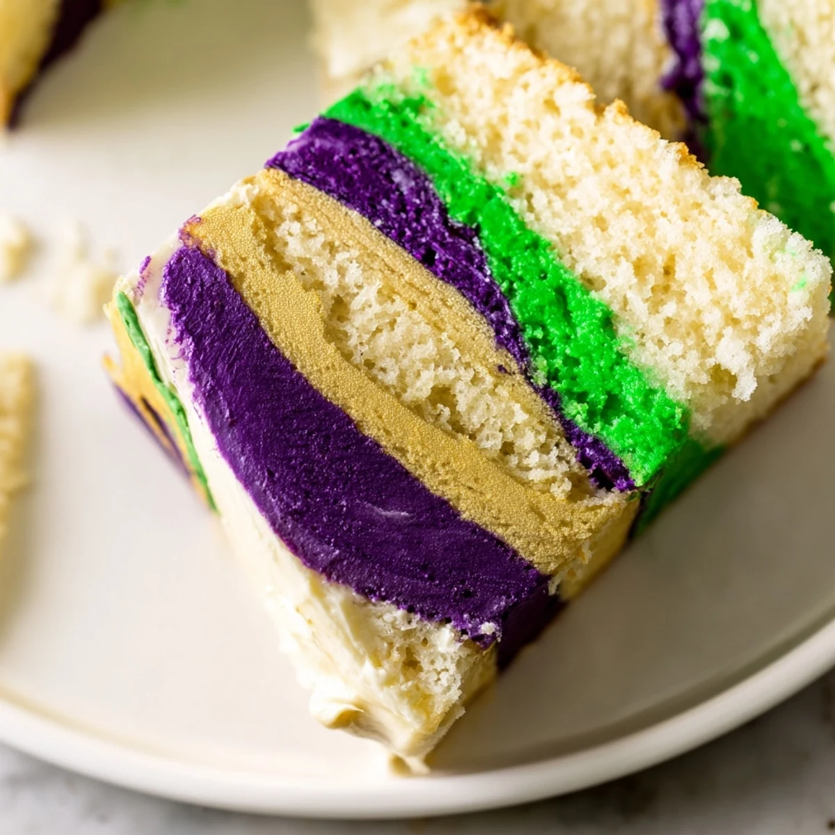 A close-up of a festive Mardi Gras cake with vibrant purple, green, and gold icing, perfect for a New Orleans celebration.
